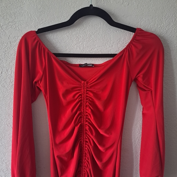 Fashion Nova Red Ruched Dress - Picture 2 of 4